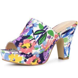 Platform Floral Chunky Heel Slides Sandals Blue